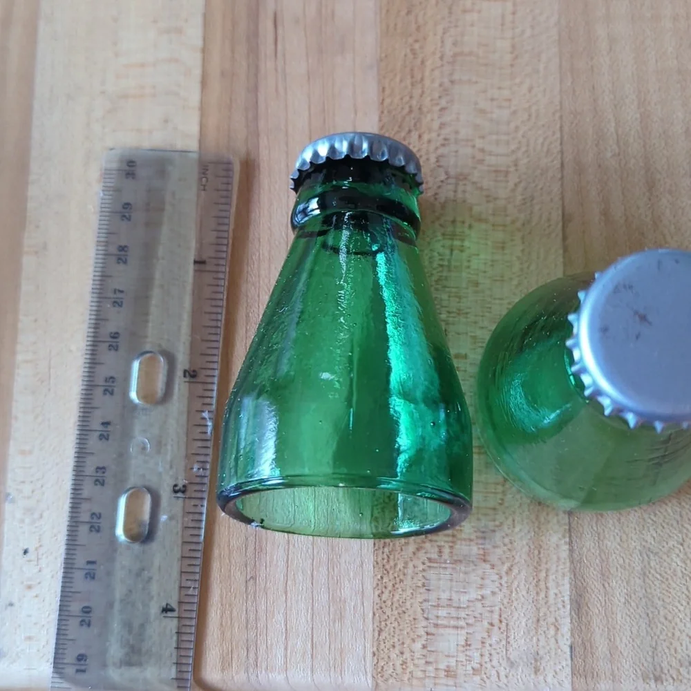 Shot glasses, set of two vintage green bottle top shot glasses